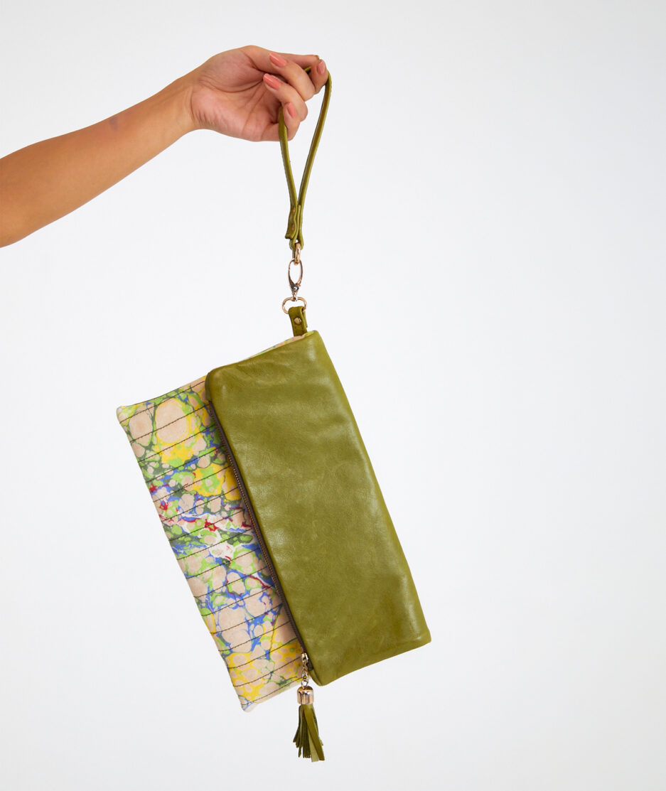 Marbled Shoulder Bag: Green Leather - Made on Cotton Fabric