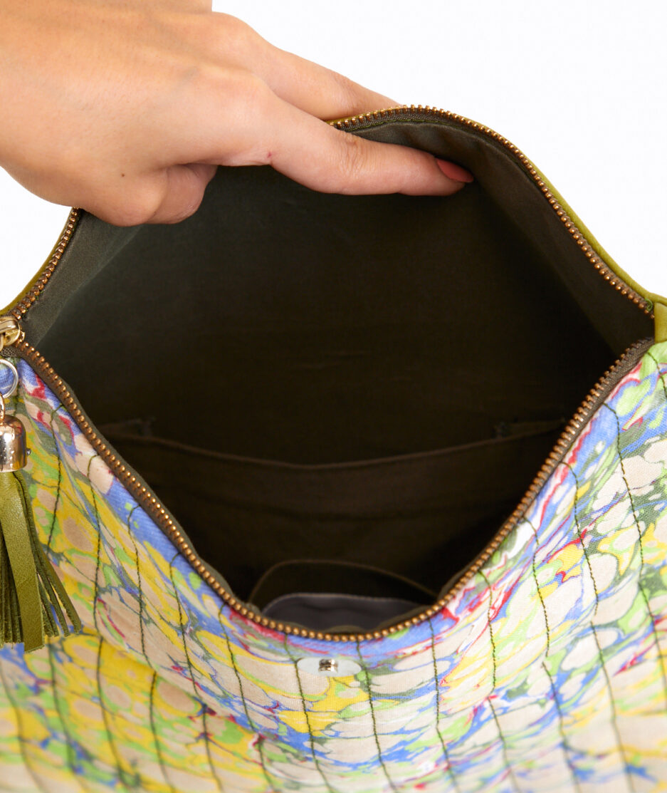 Marbled Shoulder Bag: Green Leather - Made on Cotton Fabric