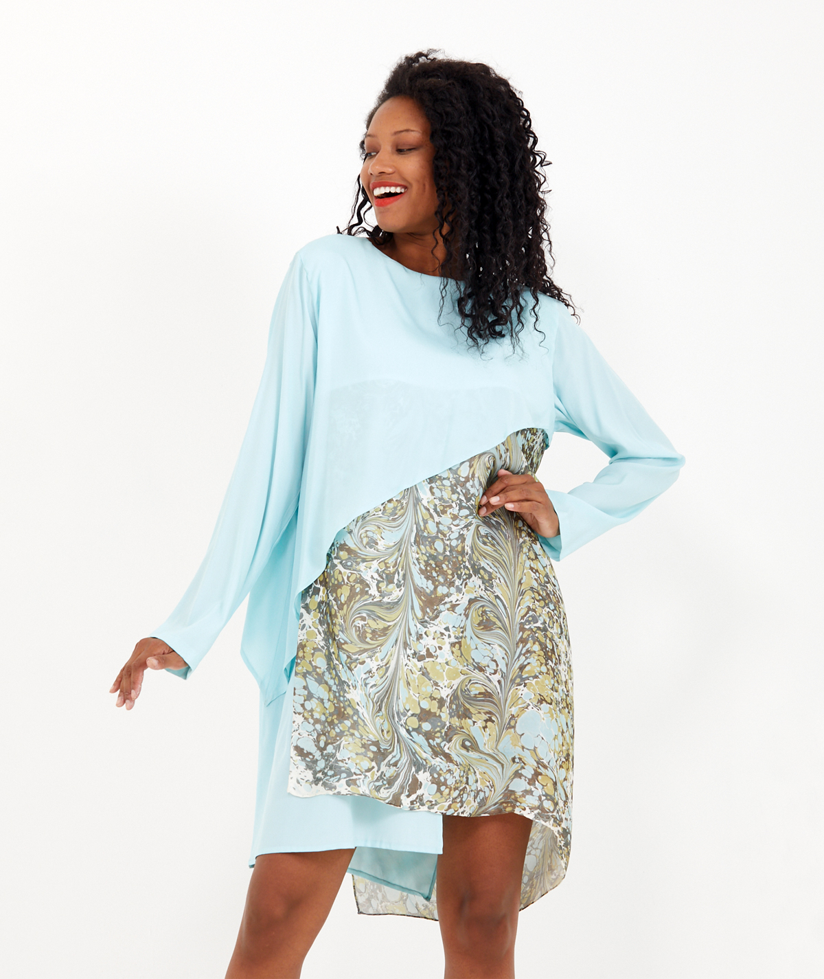 marbled-dress-asymmetric-combination-on-raw-silk-fabric-05 Marbled Dress: Asymmetric Combination - Made on Raw Silk Fabric