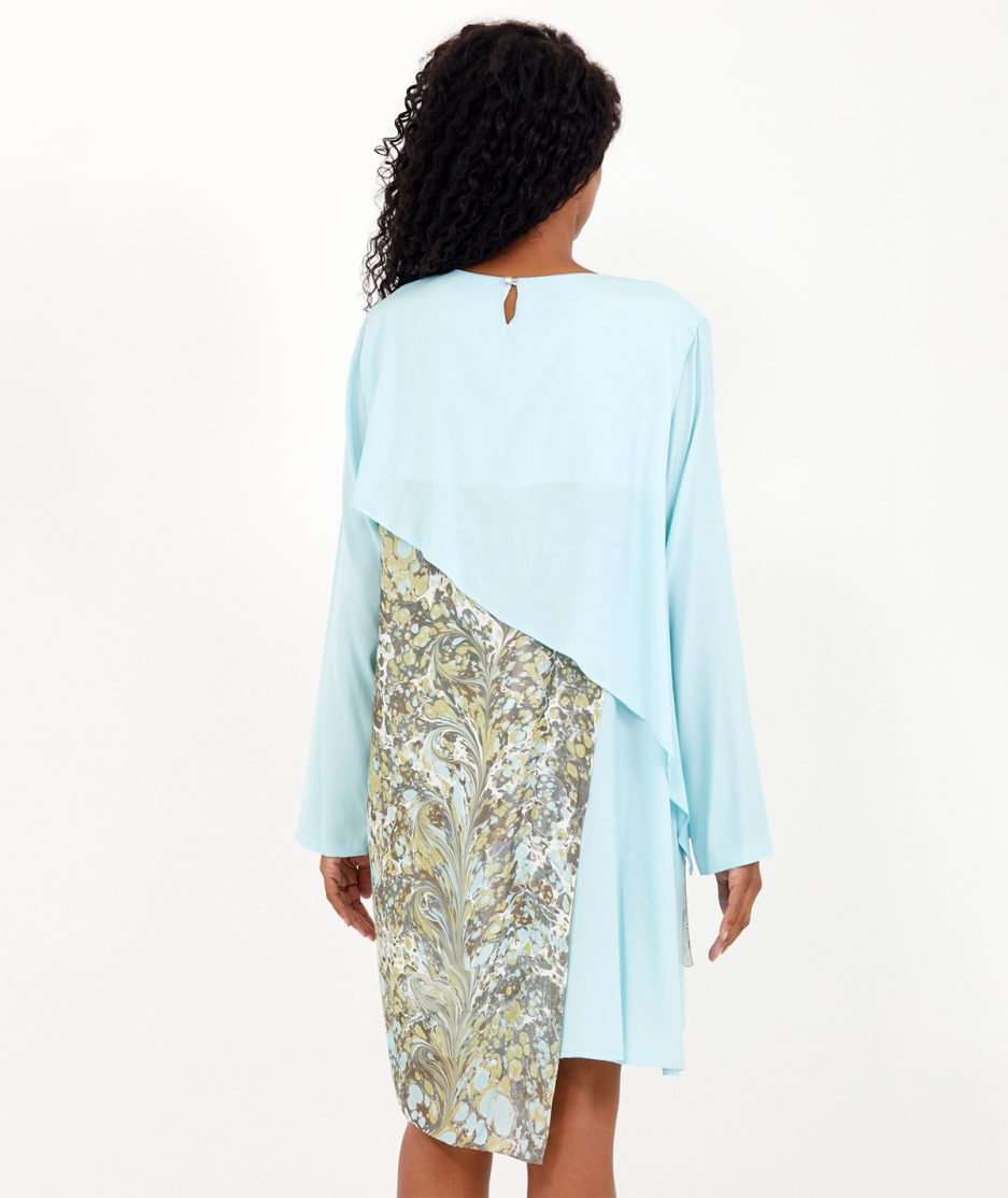 ebru elbise asimetrik kombin ham ipek kumaş üzerine yapılmıştır