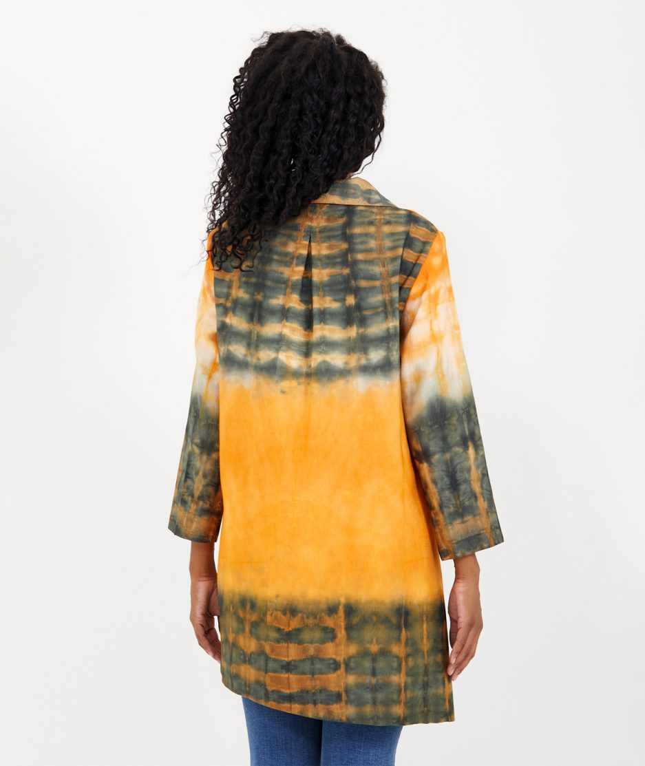 batik ceket şömizye yaka asimetrik kesim baskı düğmeli astarsız keten kumaş üzerine yapılmıştır