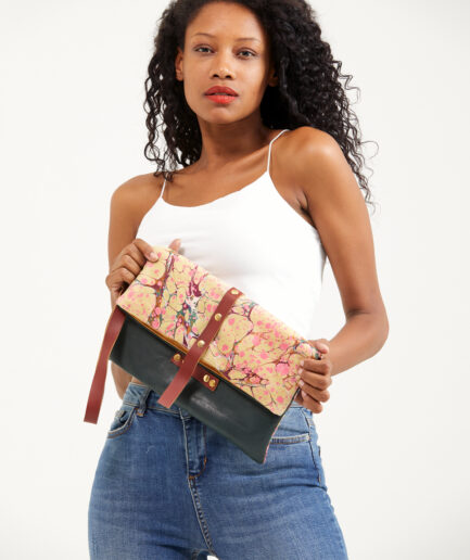 Marbled Shoulder Bag: Leather Clutch - Made on Cotton Fabric