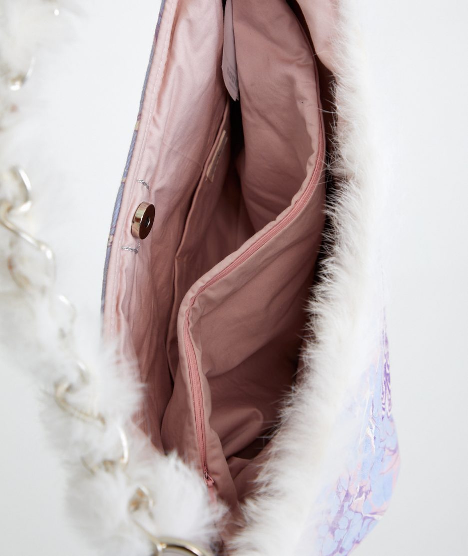 omuz çantası ebru tavşan tüyü cotton kumaş üzerine