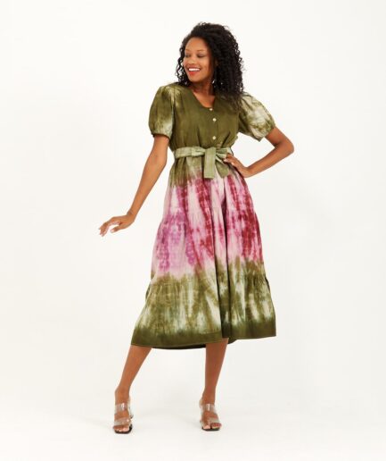 Tie Dye Dress - Frill - Watermelon Sleeve - Made on Cotton Fabric. It is a completely handmade product with the timeless design of "Batik" artist Nurcihan Velioglu.