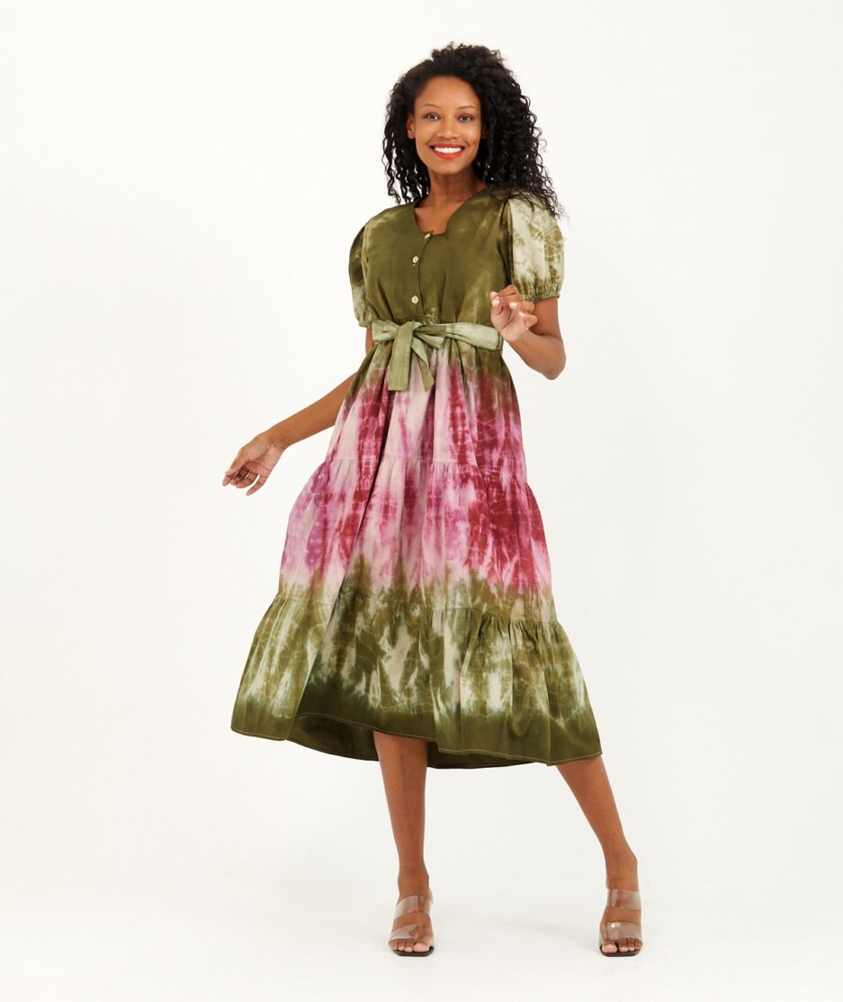 Tie Dye Dress - Frill - Watermelon Sleeve - On Cotton Fabric